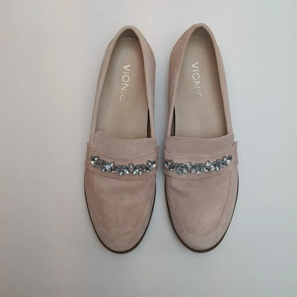 Vionic Avvy Loafers Womens 8 Muted Pink Suede Jewel Embellished Slip On Shoes